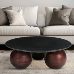 Boho Rustic Chunky Solid Dark Acacia Wood Round Coffee Table With Black Marble Top 100cm