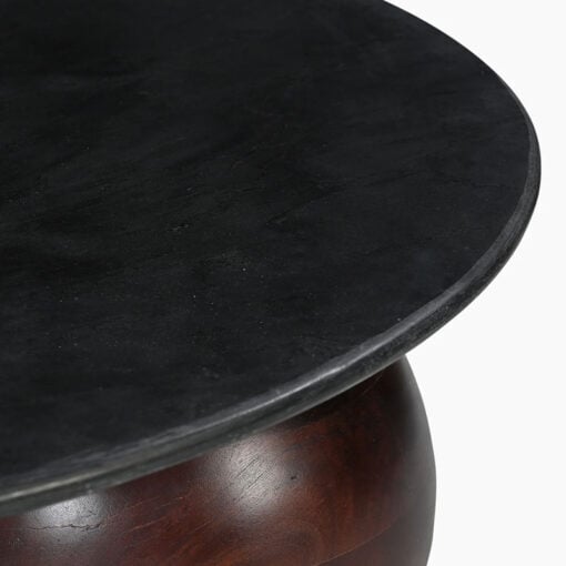 Boho Rustic Chunky Solid Dark Acacia Wood Round Coffee Table With Black Marble Top 100cm
