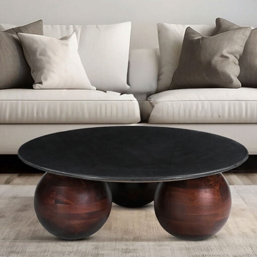Boho Rustic Chunky Solid Dark Acacia Wood Round Coffee Table With Black Marble Top 100cm