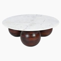 Boho Rustic Chunky Solid Dark Acacia Wood Round Coffee Table With White Marble Top 100cm