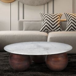 Boho Rustic Chunky Solid Dark Acacia Wood Round Coffee Table With White Marble Top 100cm