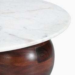 Boho Rustic Chunky Solid Dark Acacia Wood Round Coffee Table With White Marble Top 100cm