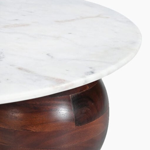 Boho Rustic Chunky Solid Dark Acacia Wood Round Coffee Table With White Marble Top 100cm