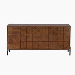 Boho Rustic Geometric Pattern Solid Mango Wood In Mahogany Finish 2 Door 3 Drawer Large Sideboard With Black Metal Legs