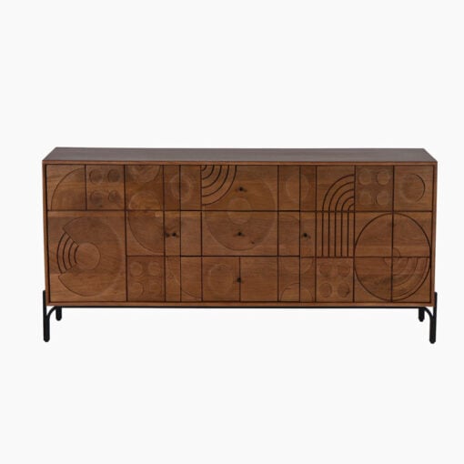 Boho Rustic Geometric Pattern Solid Mango Wood In Mahogany Finish 2 Door 3 Drawer Large Sideboard With Black Metal Legs