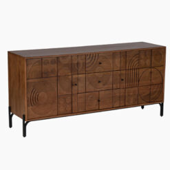 Boho Rustic Geometric Pattern Solid Mango Wood In Mahogany Finish 2 Door 3 Drawer Large Sideboard With Black Metal Legs