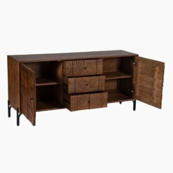 Boho Rustic Geometric Pattern Solid Mango Wood In Mahogany Finish 2 Door 3 Drawer Large Sideboard With Black Metal Legs