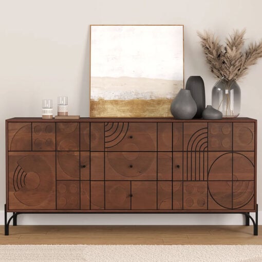 Boho Rustic Geometric Pattern Solid Mango Wood In Mahogany Finish 2 Door 3 Drawer Large Sideboard With Black Metal Legs