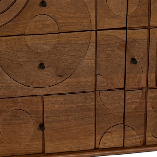 Boho Rustic Geometric Pattern Solid Mango Wood In Mahogany Finish 2 Door 3 Drawer Large Sideboard With Black Metal Legs