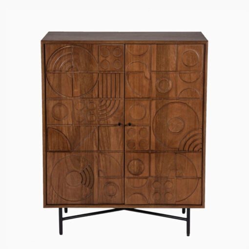 Boho Rustic Geometric Pattern Solid Mango Wood In Mahogany Finish 2 Door Cabinet Sideboard With Black Metal Legs