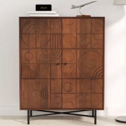 Boho Rustic Geometric Pattern Solid Mango Wood In Mahogany Finish 2 Door Cabinet Sideboard With Black Metal Legs