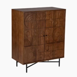 Boho Rustic Geometric Pattern Solid Mango Wood In Mahogany Finish 2 Door Cabinet Sideboard With Black Metal Legs