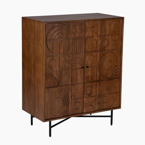 Boho Rustic Geometric Pattern Solid Mango Wood In Mahogany Finish 2 Door Cabinet Sideboard With Black Metal Legs