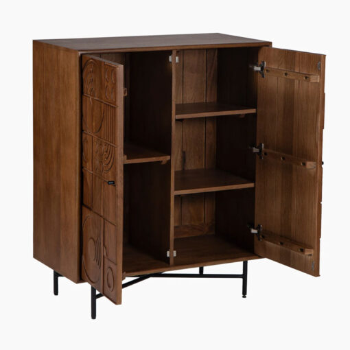 Boho Rustic Geometric Pattern Solid Mango Wood In Mahogany Finish 2 Door Cabinet Sideboard With Black Metal Legs