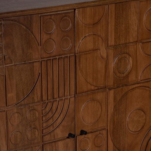 Boho Rustic Geometric Pattern Solid Mango Wood In Mahogany Finish 2 Door Cabinet Sideboard With Black Metal Legs