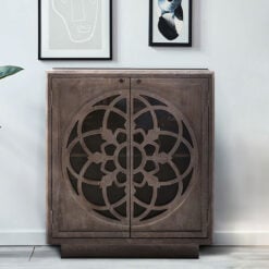 Boho Rustic Grey Solid Mango Wood Carved Mandala 2 Door Cabinet Sideboard