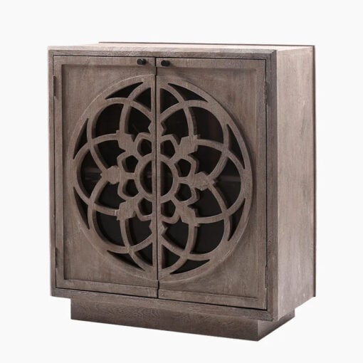 Boho Rustic Grey Solid Mango Wood Carved Mandala 2 Door Cabinet Sideboard