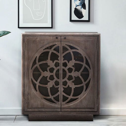 Boho Rustic Grey Solid Mango Wood Carved Mandala 2 Door Cabinet Sideboard