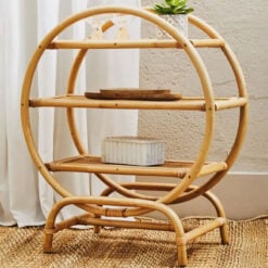 Boho Rustic Natural Rattan 3 Tier Open Freestanding Round Shelving Unit 77cm