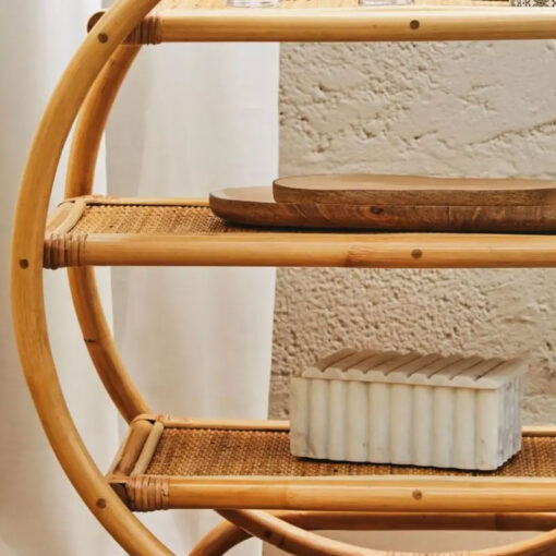 Boho Rustic Natural Rattan 3 Tier Open Freestanding Round Shelving Unit 77cm