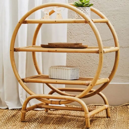 Boho Rustic Natural Rattan 3 Tier Open Freestanding Round Shelving Unit 77cm