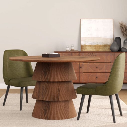 Boho Rustic Pedestal Round Solid Mango Wood 4 Seater Dining Table In Dark Walnut Finish 120cm