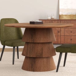 Boho Rustic Pedestal Round Solid Mango Wood 4 Seater Dining Table In Dark Walnut Finish 120cm