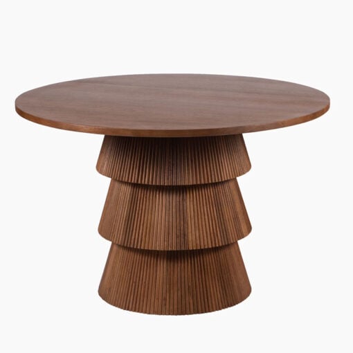 Boho Rustic Pedestal Round Solid Mango Wood 4 Seater Dining Table In Dark Walnut Finish 120cm