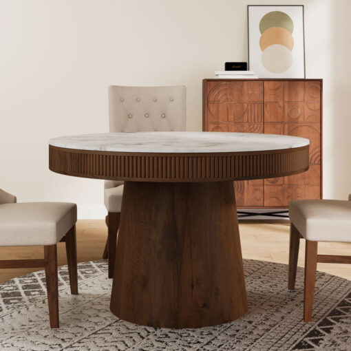 Boho Rustic Pedestal Round Solid Mango Wood And White Marble 4 Seater Dining Table In Dark Walnut Finish 119cm