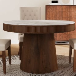 Boho Rustic Pedestal Round Solid Mango Wood And White Marble 4 Seater Dining Table In Dark Walnut Finish 119cm