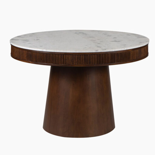 Boho Rustic Pedestal Round Solid Mango Wood And White Marble 4 Seater Dining Table In Dark Walnut Finish 119cm