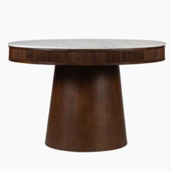 Boho Rustic Pedestal Round Solid Mango Wood And White Marble 4 Seater Dining Table In Dark Walnut Finish 119cm