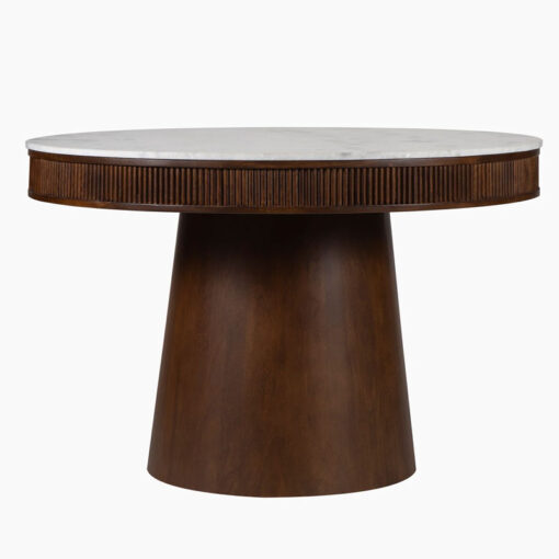 Boho Rustic Pedestal Round Solid Mango Wood And White Marble 4 Seater Dining Table In Dark Walnut Finish 119cm