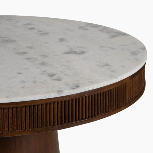 Boho Rustic Pedestal Round Solid Mango Wood And White Marble 4 Seater Dining Table In Dark Walnut Finish 119cm