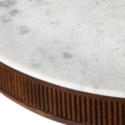 Boho Rustic Pedestal Round Solid Mango Wood And White Marble 4 Seater Dining Table In Dark Walnut Finish 119cm