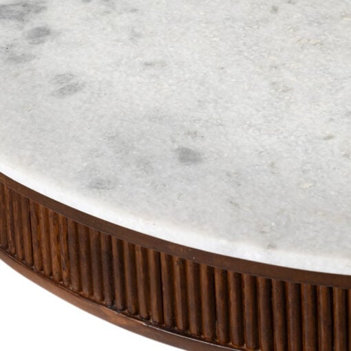 Boho Rustic Pedestal Round Solid Mango Wood And White Marble 4 Seater Dining Table In Dark Walnut Finish 119cm