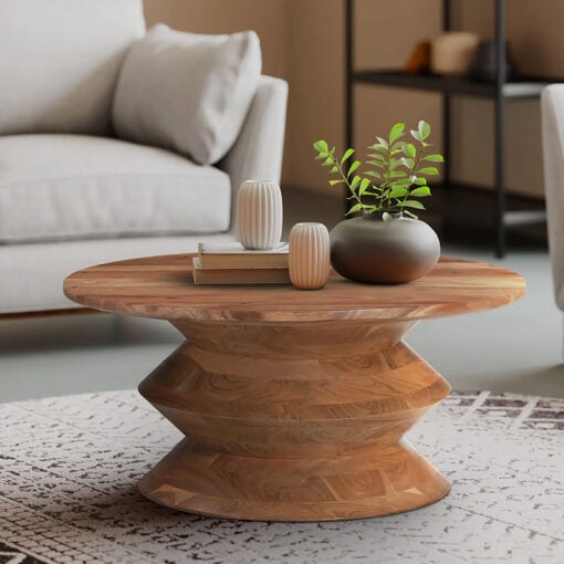 Boho Rustic Solid Acacia Wood Round Totem Pedestal Coffee Table
