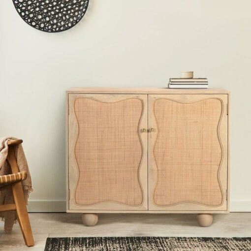 Boho Rustic Solid Light Mango Wood And Rattan Cane 2 Door Cabinet Sideboard