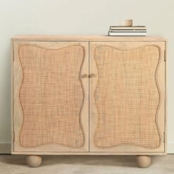 Boho Rustic Solid Light Mango Wood And Rattan Cane 2 Door Cabinet Sideboard