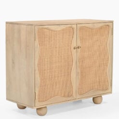 Boho Rustic Solid Light Mango Wood And Rattan Cane 2 Door Cabinet Sideboard