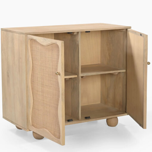 Boho Rustic Solid Light Mango Wood And Rattan Cane 2 Door Cabinet Sideboard