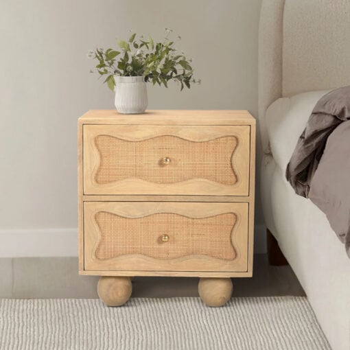 Boho Rustic Solid Light Mango Wood And Rattan Cane 2 Drawer Bedside Cabinet Side Table