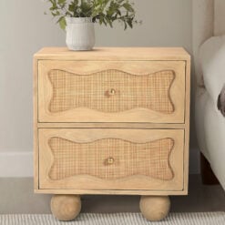 Boho Rustic Solid Light Mango Wood And Rattan Cane 2 Drawer Bedside Cabinet Side Table