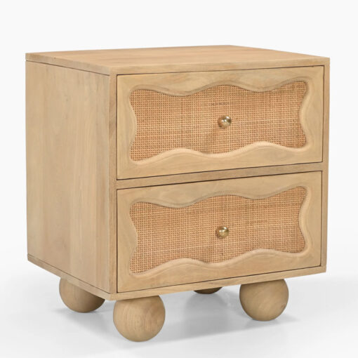 Boho Rustic Solid Light Mango Wood And Rattan Cane 2 Drawer Bedside Cabinet Side Table