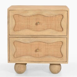 Boho Rustic Solid Light Mango Wood And Rattan Cane 2 Drawer Bedside Cabinet Side Table