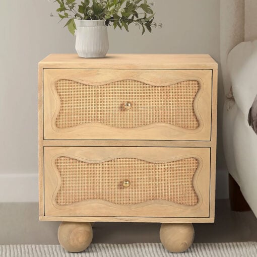 Boho Rustic Solid Light Mango Wood And Rattan Cane 2 Drawer Bedside Cabinet Side Table