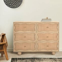 Boho Rustic Solid Light Mango Wood And Rattan Cane 6 Drawer Chest Of Drawers