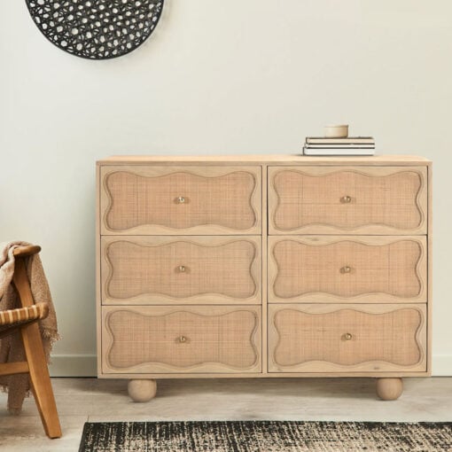 Boho Rustic Solid Light Mango Wood And Rattan Cane 6 Drawer Chest Of Drawers