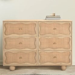 Boho Rustic Solid Light Mango Wood And Rattan Cane 6 Drawer Chest Of Drawers