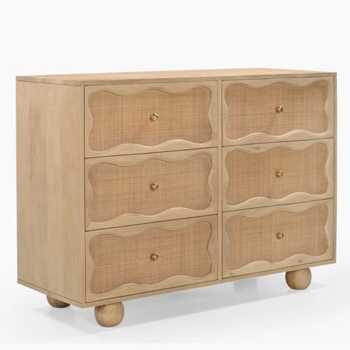 Boho Rustic Solid Light Mango Wood And Rattan Cane 6 Drawer Chest Of Drawers